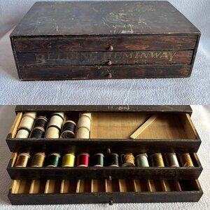 Antique Wooden Thread Display Cabinet with 82 Spools of Thread